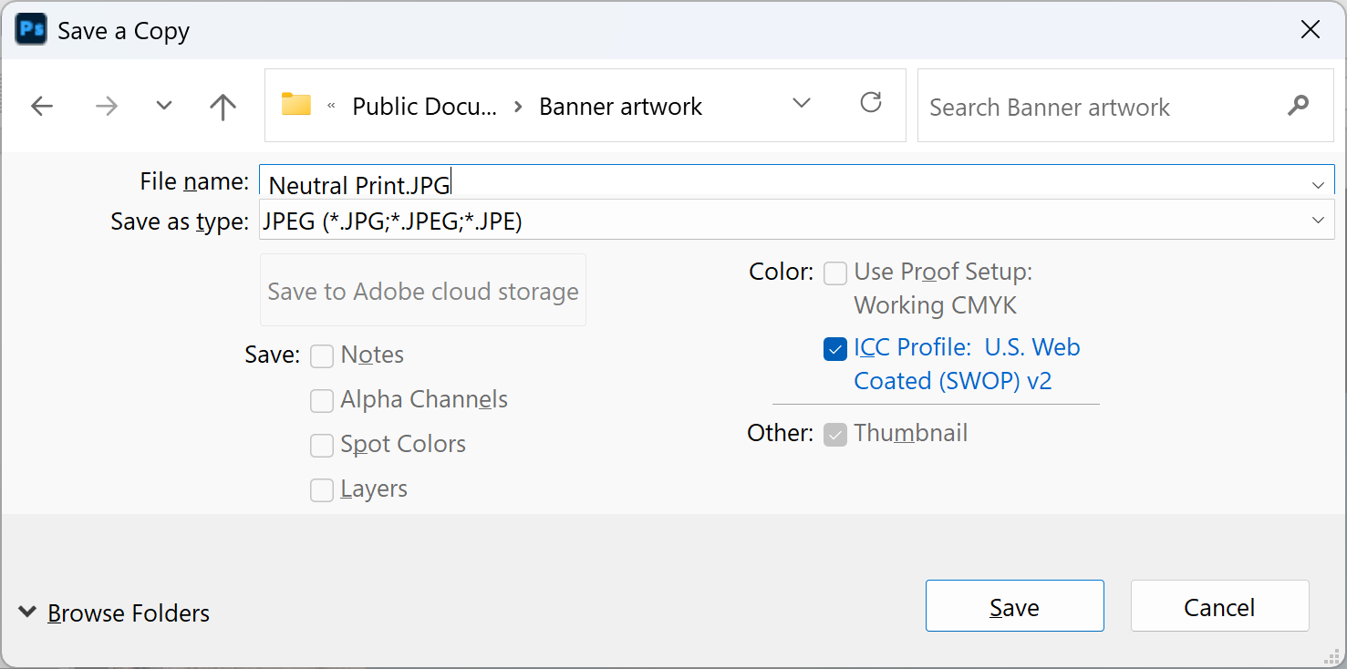 Photoshop Save a Copy dialog with JPEG chosen as the file type