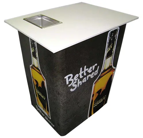 American Honey stand with corner bottle graphics and Better Shared across a dark front