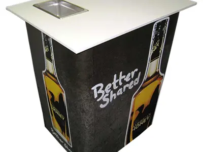 American Honey stand with corner bottle graphics and Better Shared across a dark front