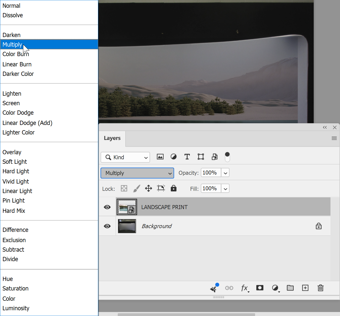 Photoshop Layers panel Blend Mode menu with Multiply chosen for the artwork layer