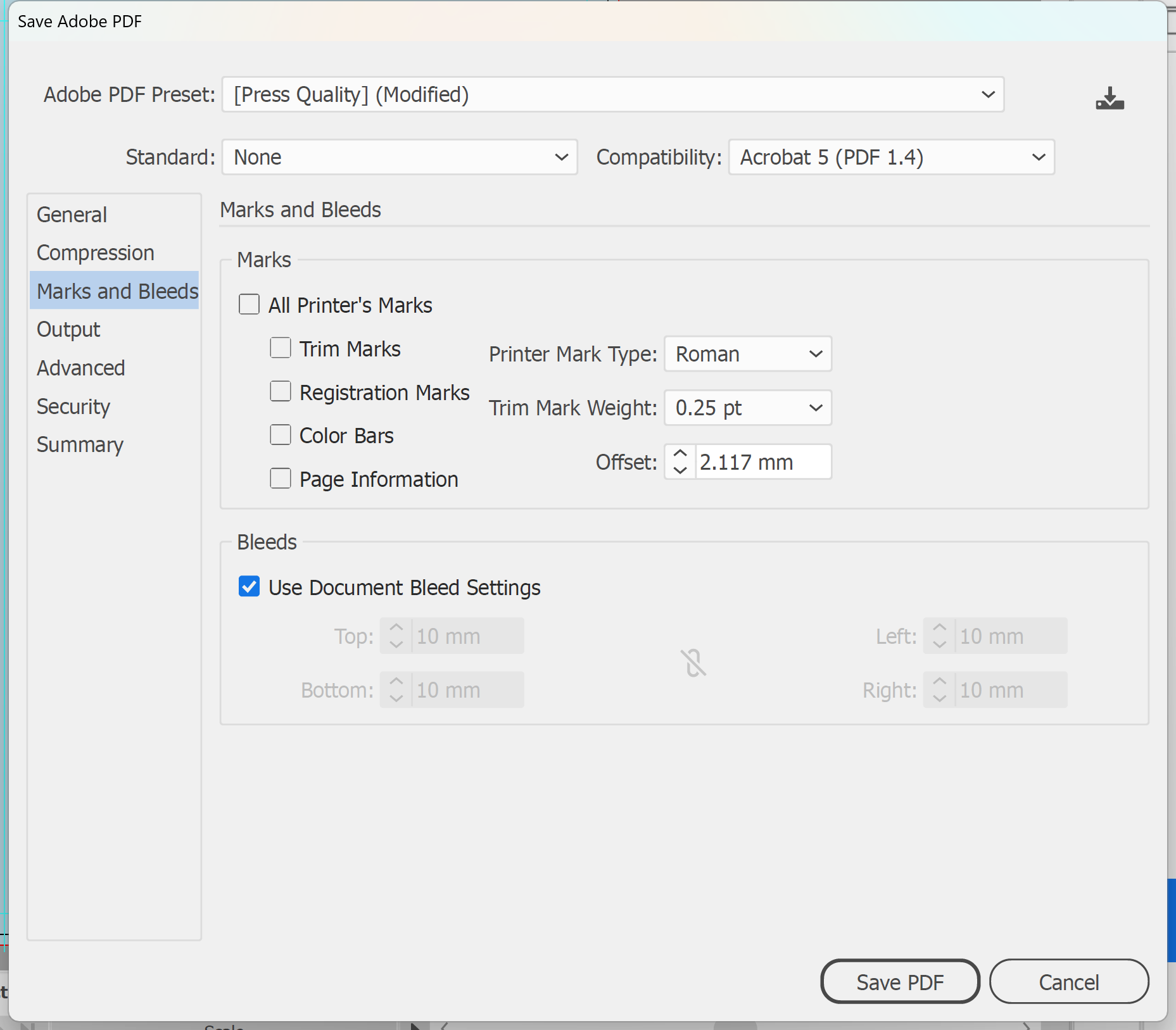 Illustrator Save Adobe PDF Marks and Bleeds panel with Use Document Bleed Settings ticked