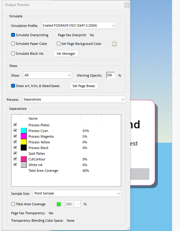 Acrobat Pro Output preview listing the process inks and one spot colour in a PDF