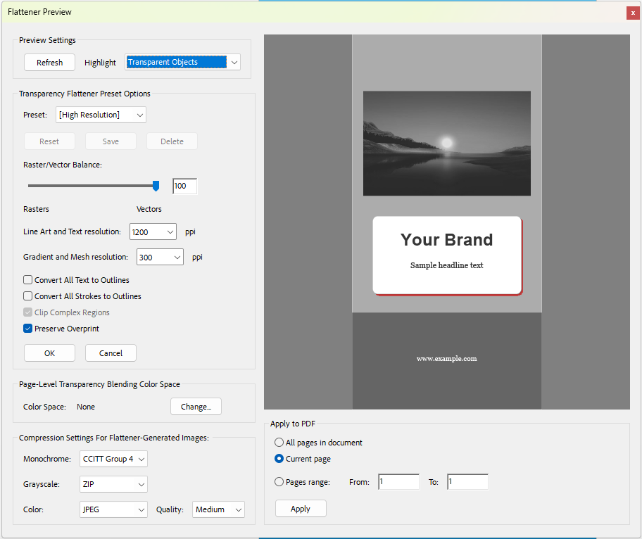Acrobat Pro Flattener Preview with transparent objects highlighted in red
