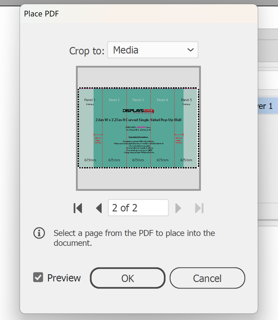Illustrator Place PDF dialog showing page 2 of the D2G pop-up wall artwork guide