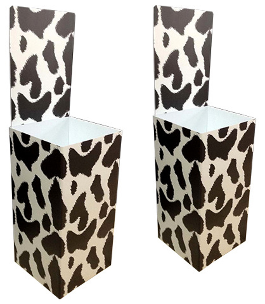 Two tall printed dump bins with matching header boards, wrapped in an all-over black and white pattern that runs round every corner