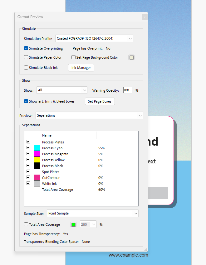 Acrobat Output Preview separations list showing a spot colour plate