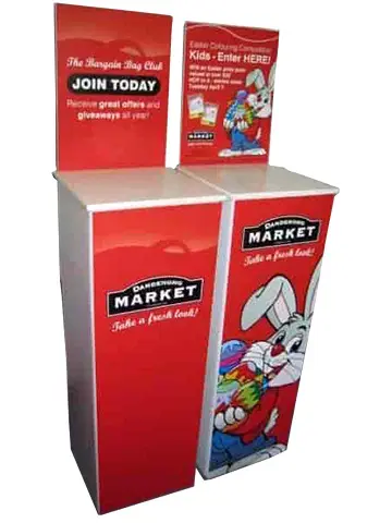 Two red Dandenong Market plinths for a bargain club and a kids' Easter colouring contest