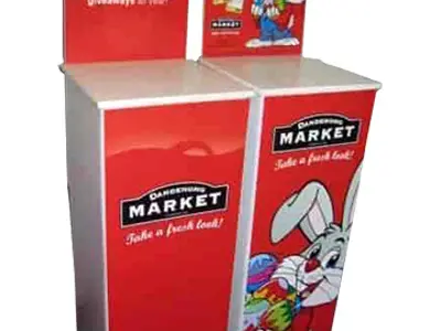 Two red Dandenong Market plinths for a bargain club and a kids' Easter colouring contest