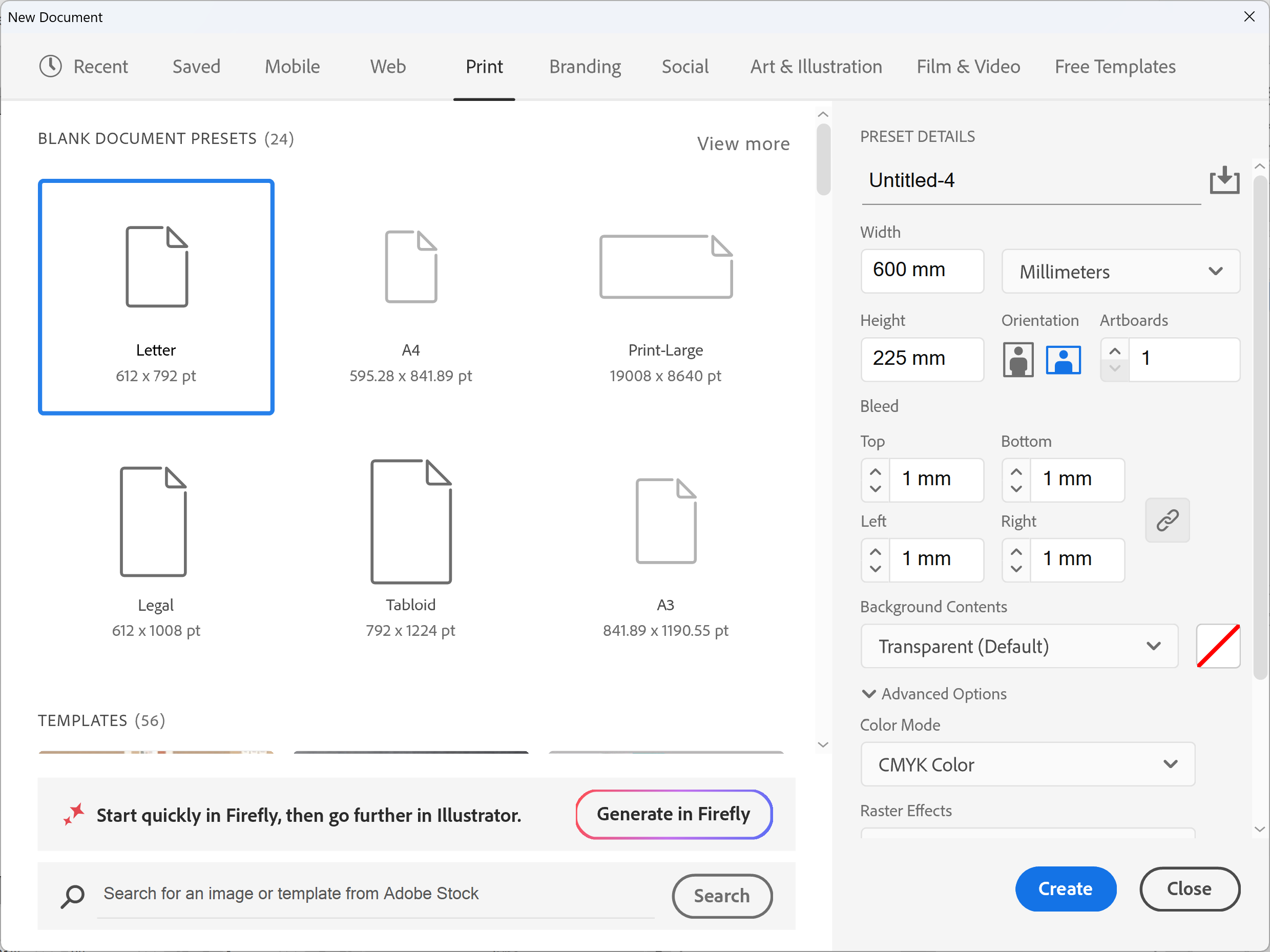 Illustrator New Document dialog set to 600 x 225mm with 1mm bleed and CMYK Color under Advanced Options