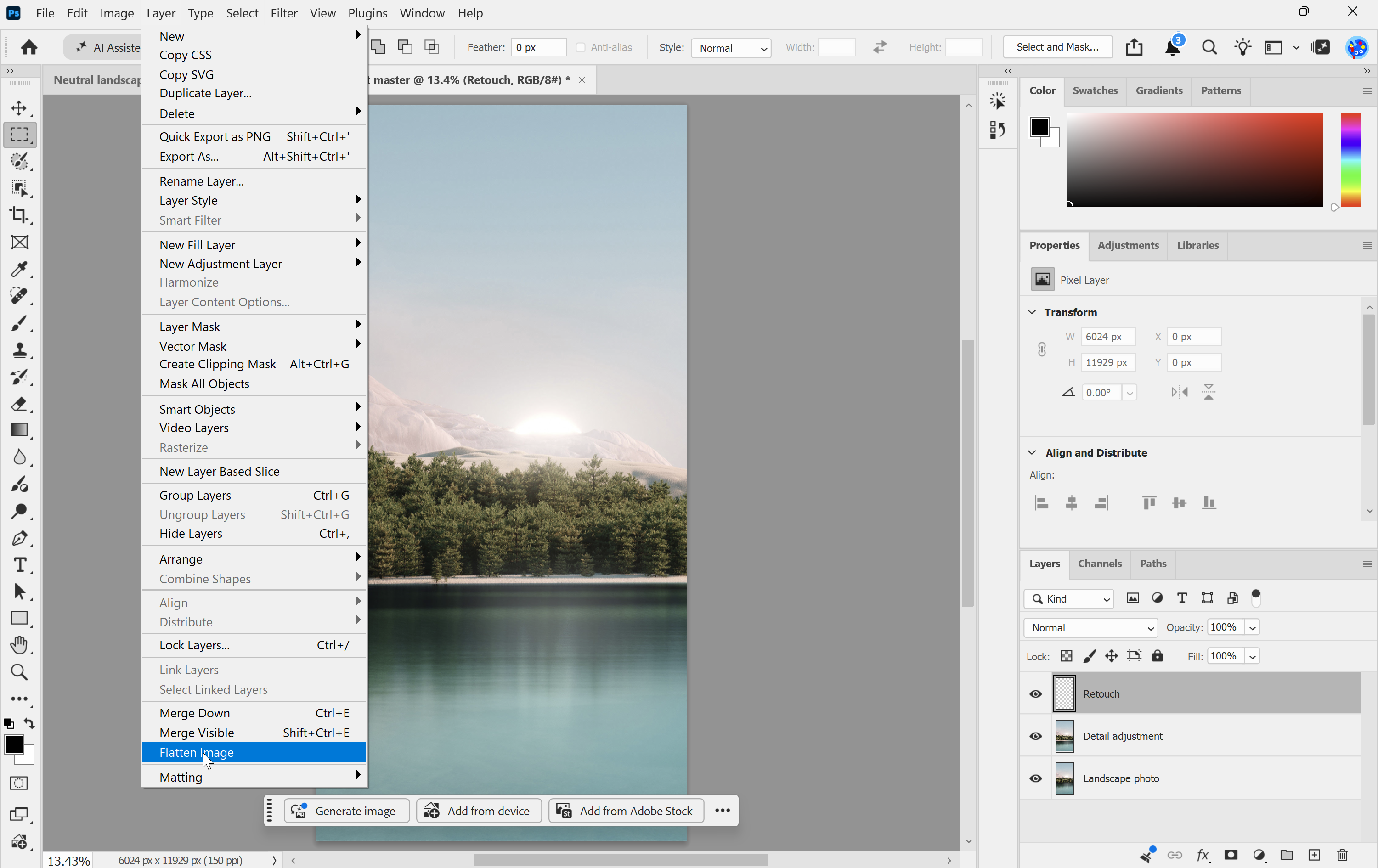 Photoshop Layer menu with Flatten Image highlighted