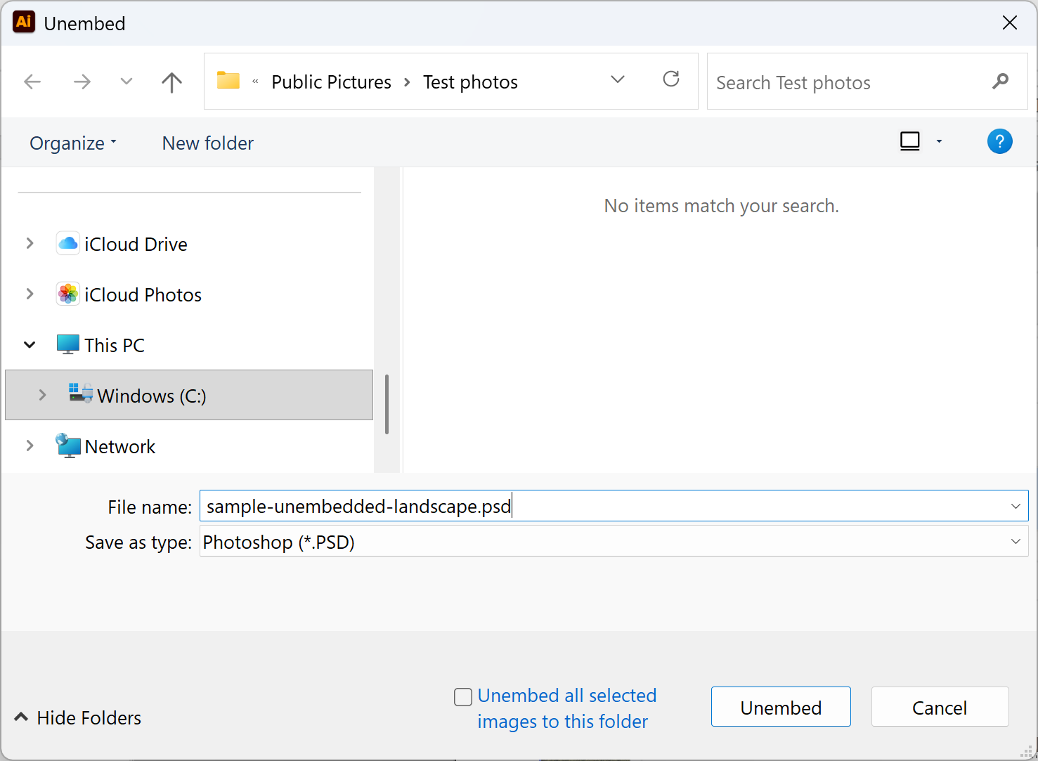 Illustrator Unembed dialog saving the image as a Photoshop PSD file, with the Unembed button