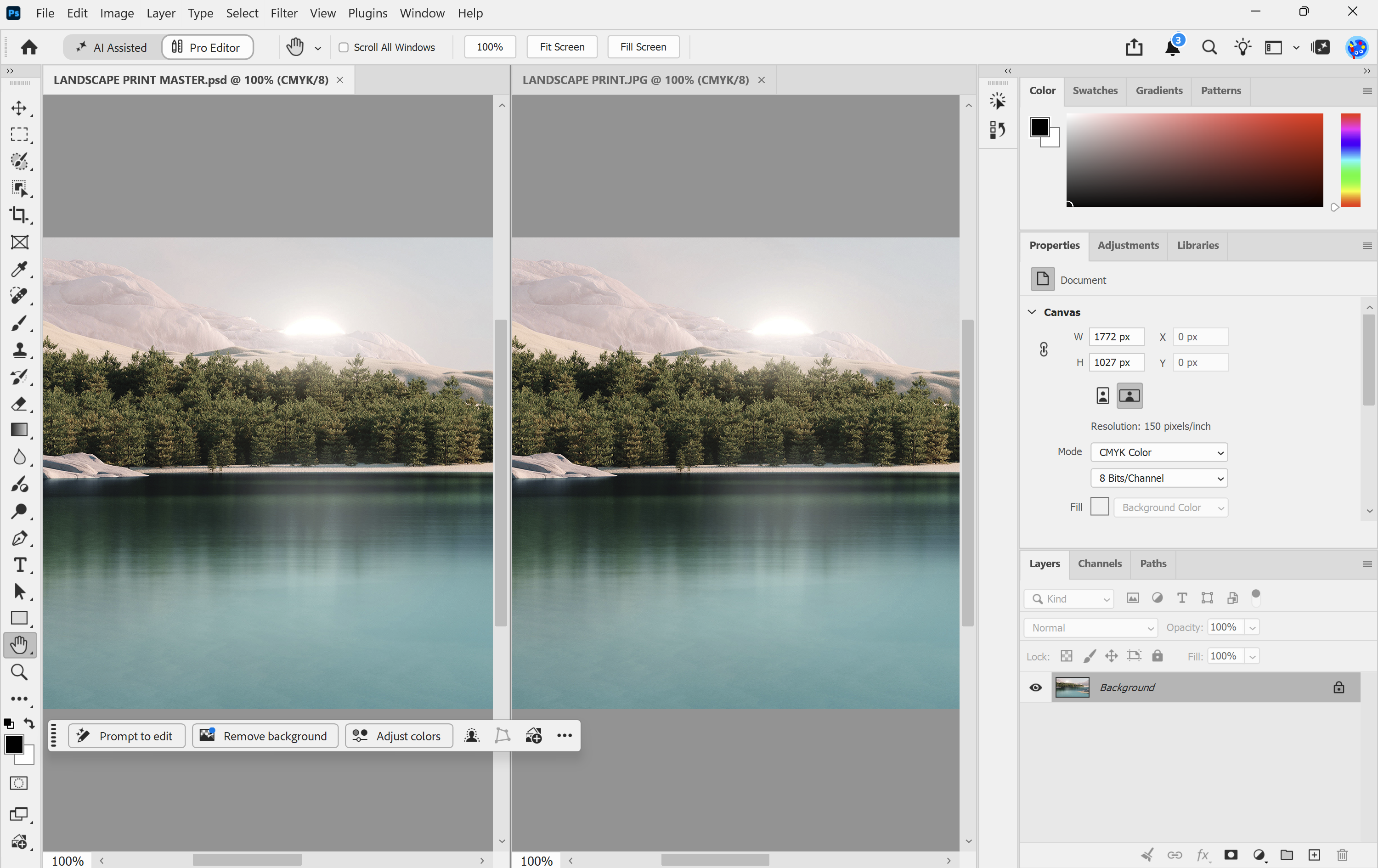 Photoshop showing the working file and the saved JPEG side by side at 100% zoom for comparison