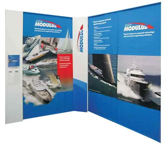 High Modulus panels with yacht and powerboat photos and a side brochure holder