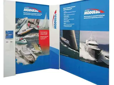 High Modulus panels with yacht and powerboat photos and a side brochure holder