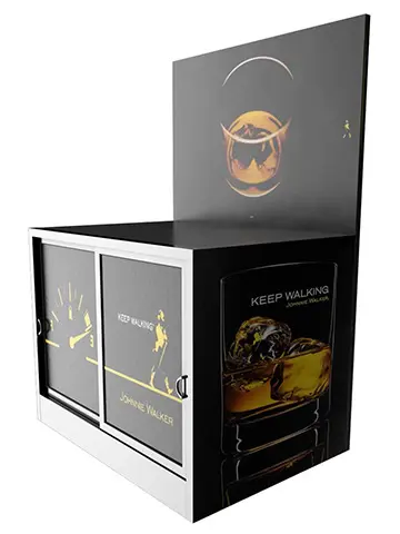 Concept design of a black Johnnie Walker cabinet with sliding doors and gold graphics