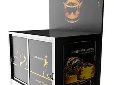 Concept design of a black Johnnie Walker cabinet with sliding doors and gold graphics