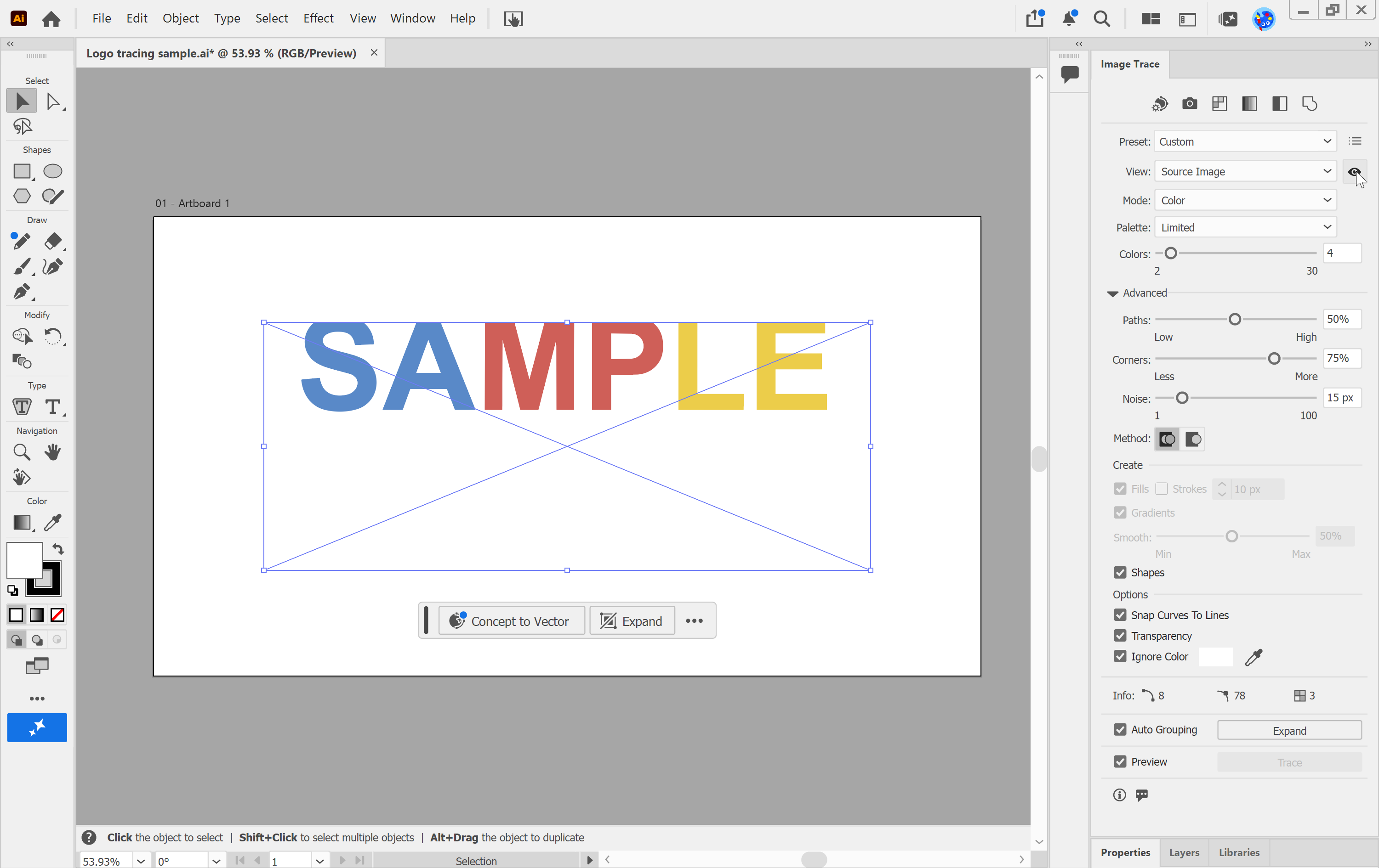 Illustrator Image Trace source-image comparison button held, showing the original three-colour logo