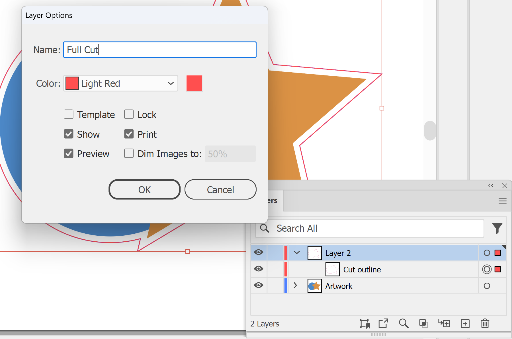 Illustrator Layer Options dialog naming the cut line layer Full Cut