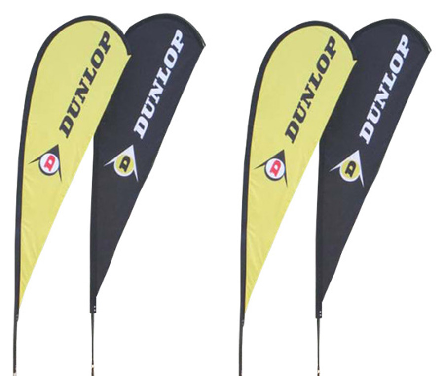 Four Dunlop-branded teardrop flags, two yellow and two black, with the logo running down the rounded top section