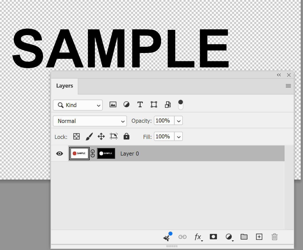 Photoshop logo on the transparency checkerboard with a layer mask in the Layers panel
