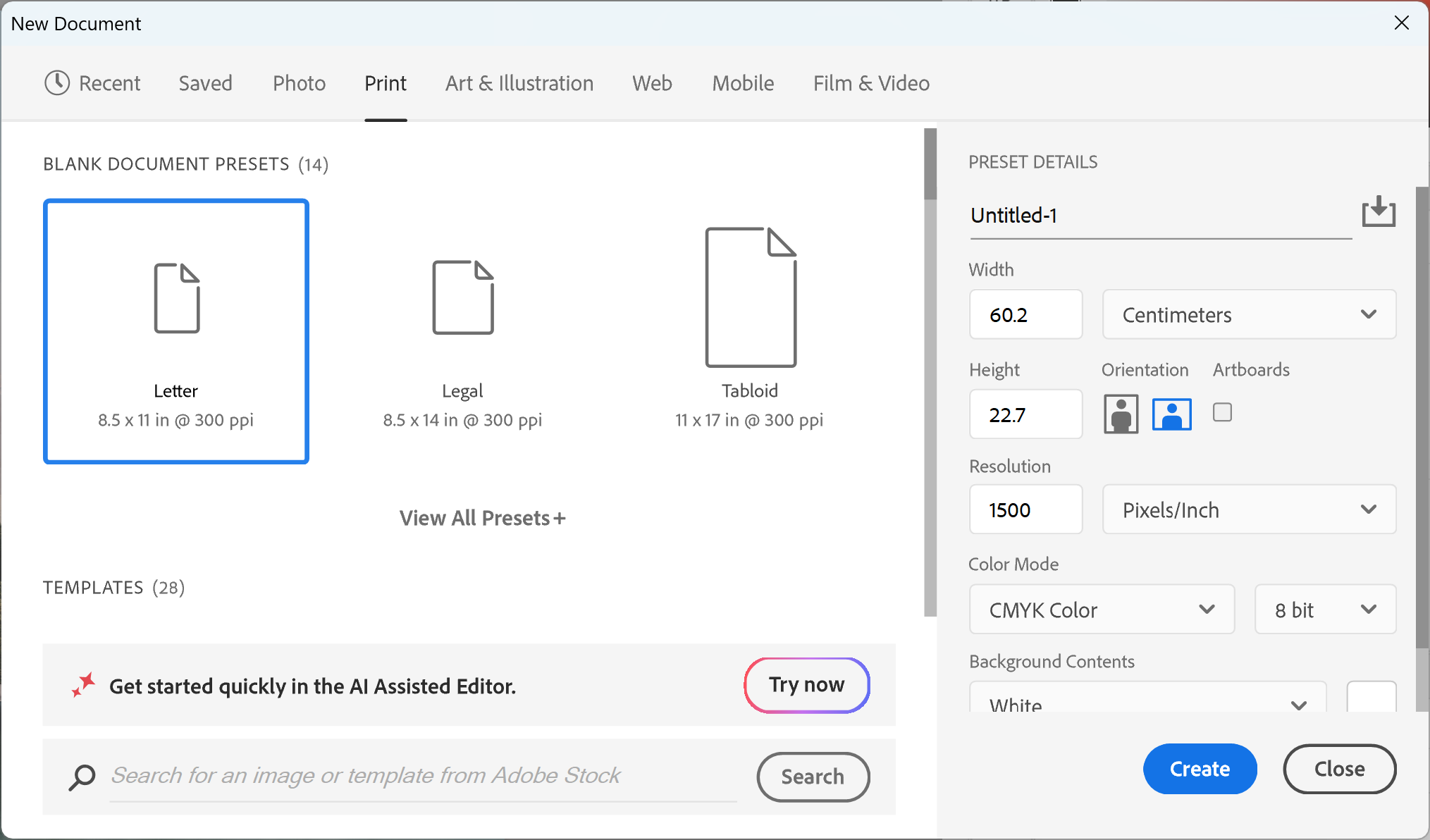 Photoshop New Document dialog set to 60.2 x 22.7cm at 1500ppi in CMYK