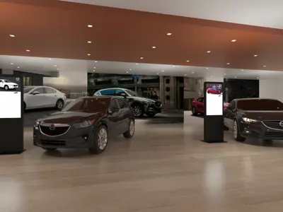 Concept design of a Mazda showroom with portrait digital poster stands beside each car