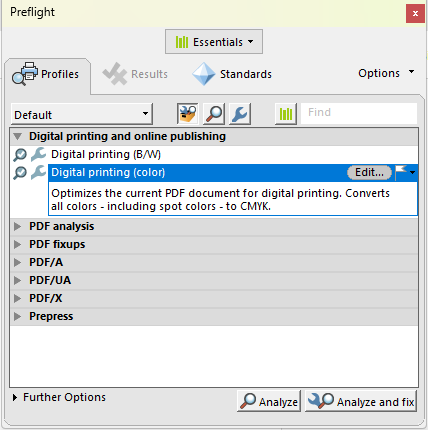 Acrobat Preflight dialog with a Digital Printing profile selected