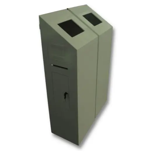 Acrylic registration kiosks with touch screens, printed label slots and lockable doors at an exhibition