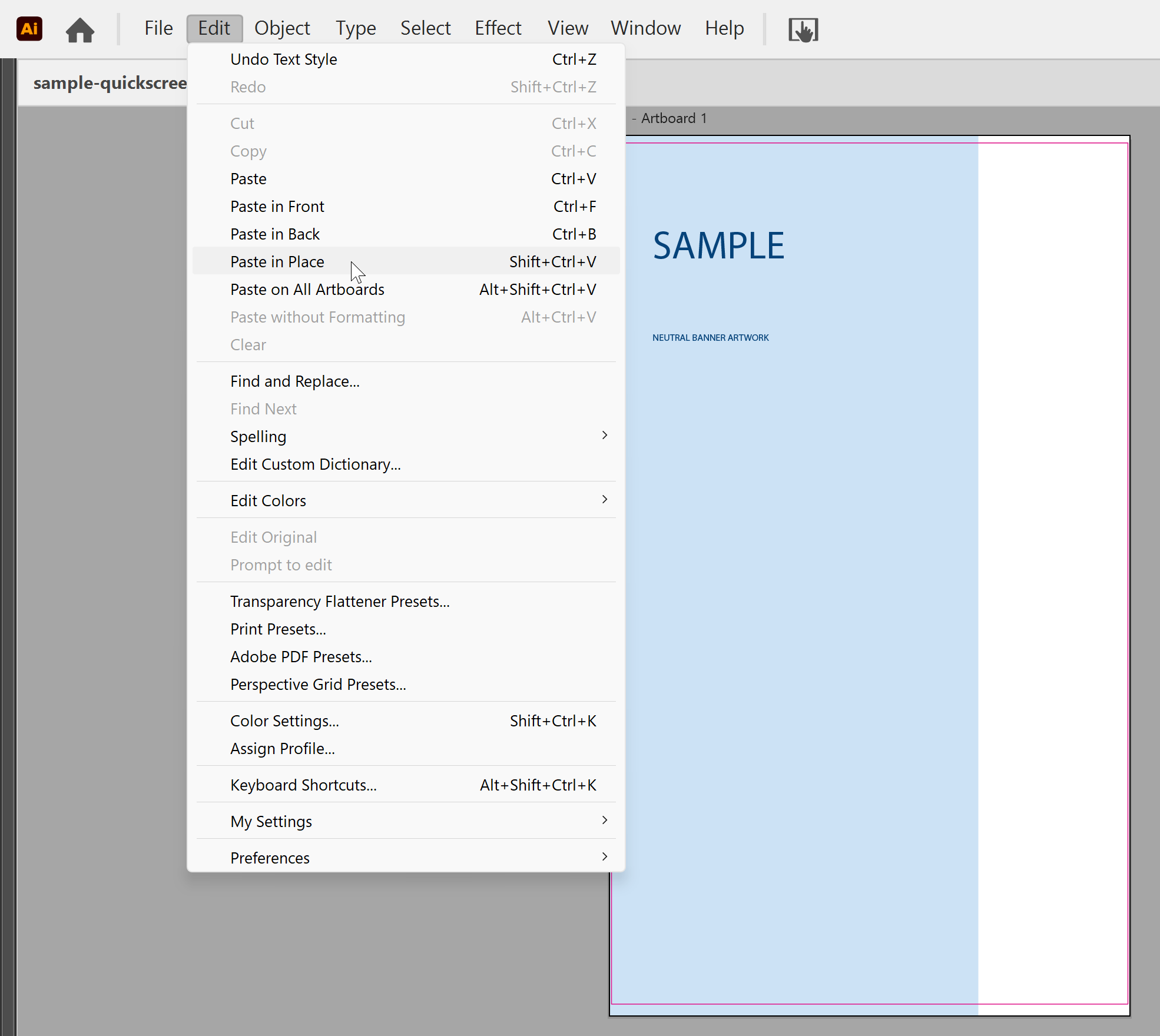 Illustrator Edit menu with Paste in Place, narrower design pasted into a wider banner template