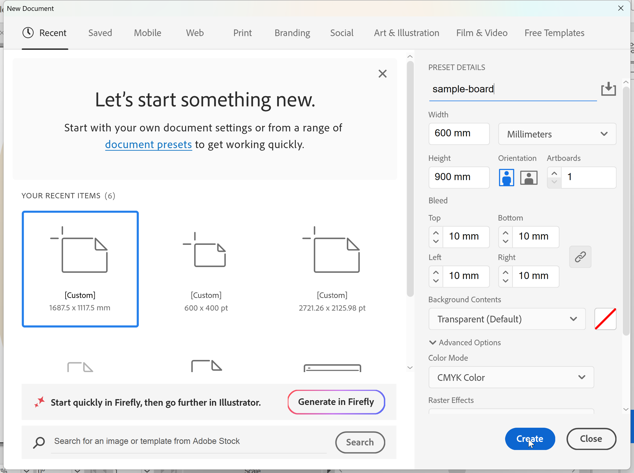 Illustrator New Document window set to 600 x 900mm with 10mm bleed and CMYK Color