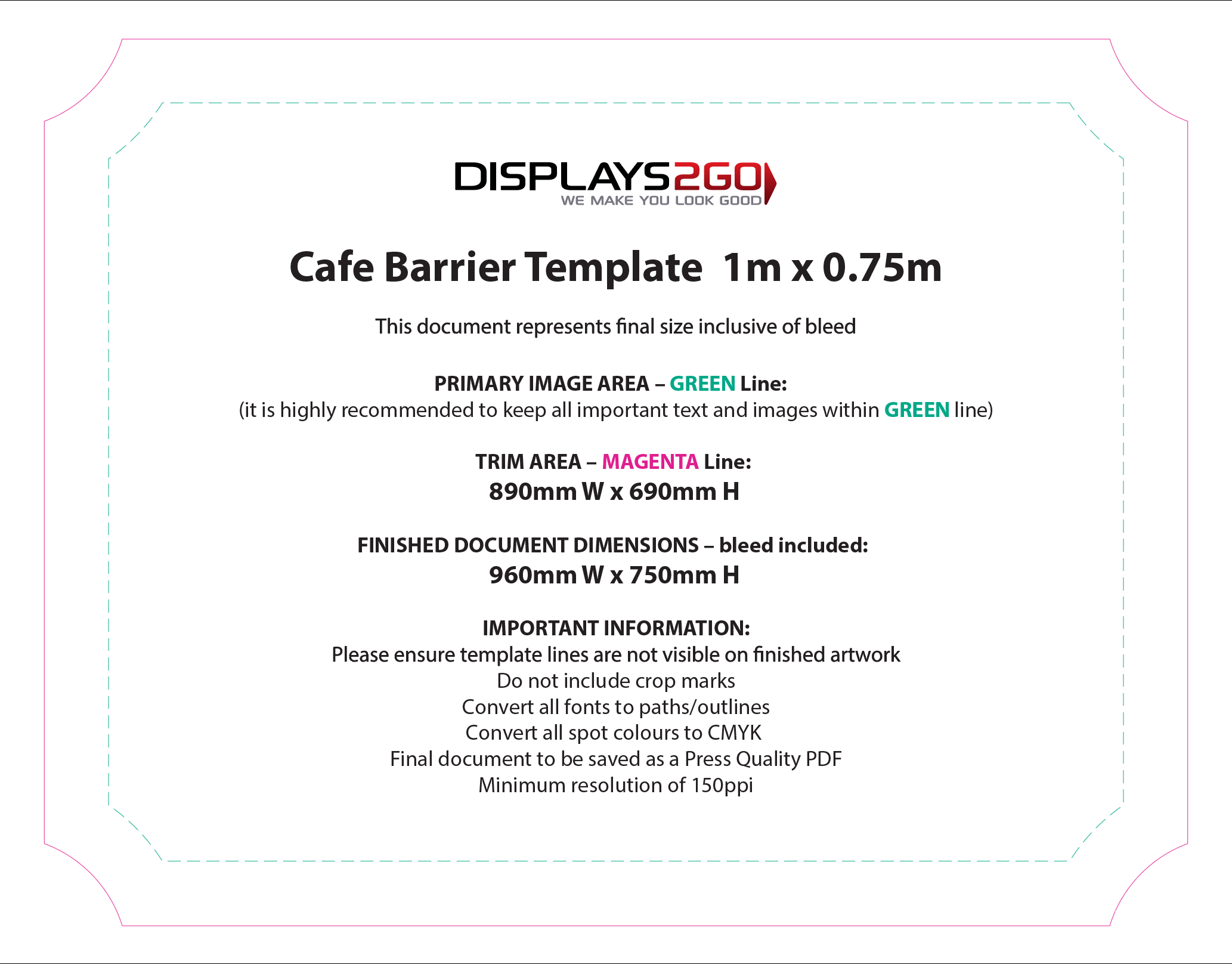 D2G café barrier artwork template in Illustrator showing the magenta trim line and green primary image area line