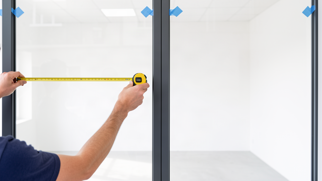 Tape measure across one window pane beside a dividing mullion
