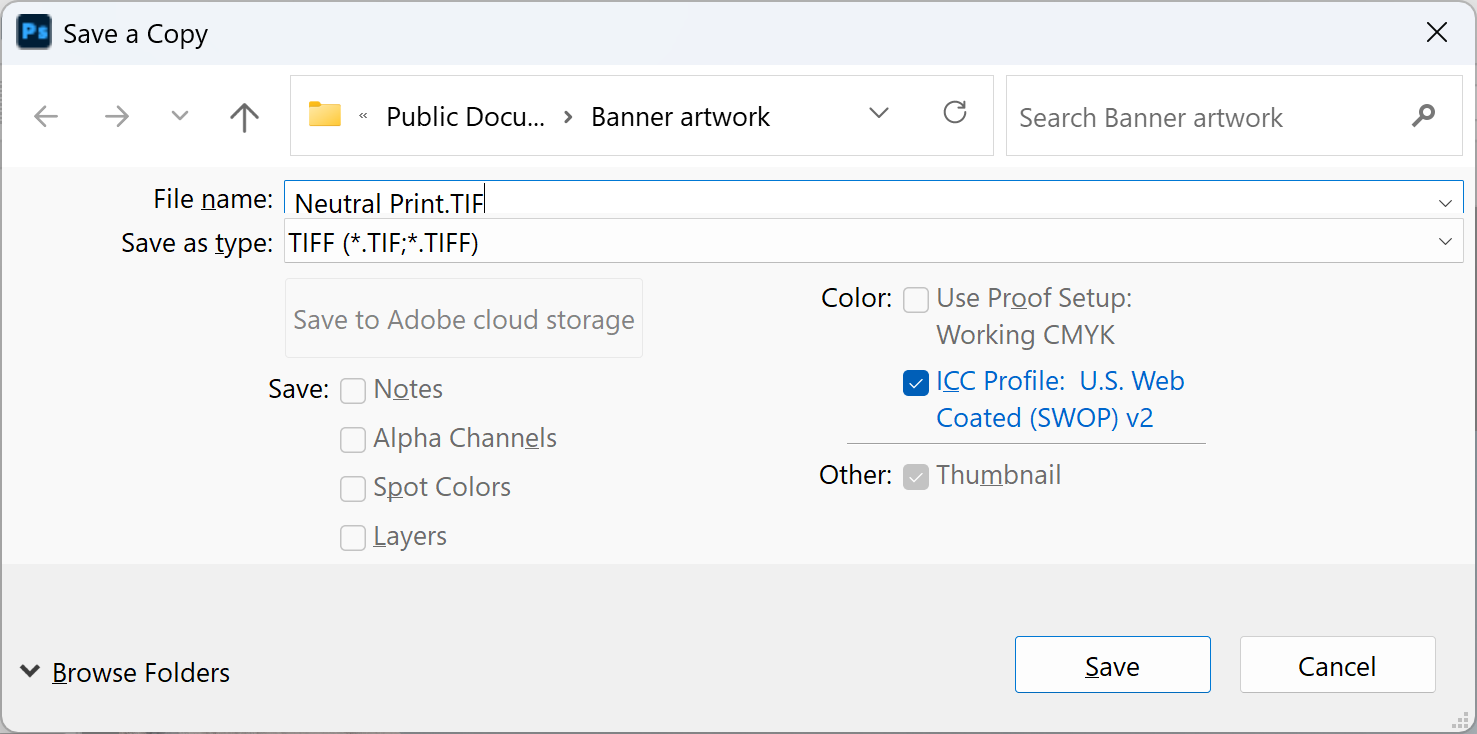 Photoshop Save a Copy dialog with TIFF chosen as the file type