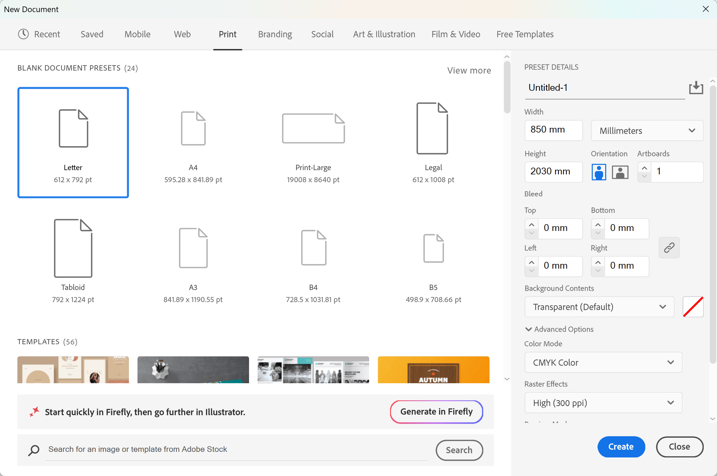 Illustrator New Document Preset Details set to 850 x 2030mm, no bleed, CMYK Color