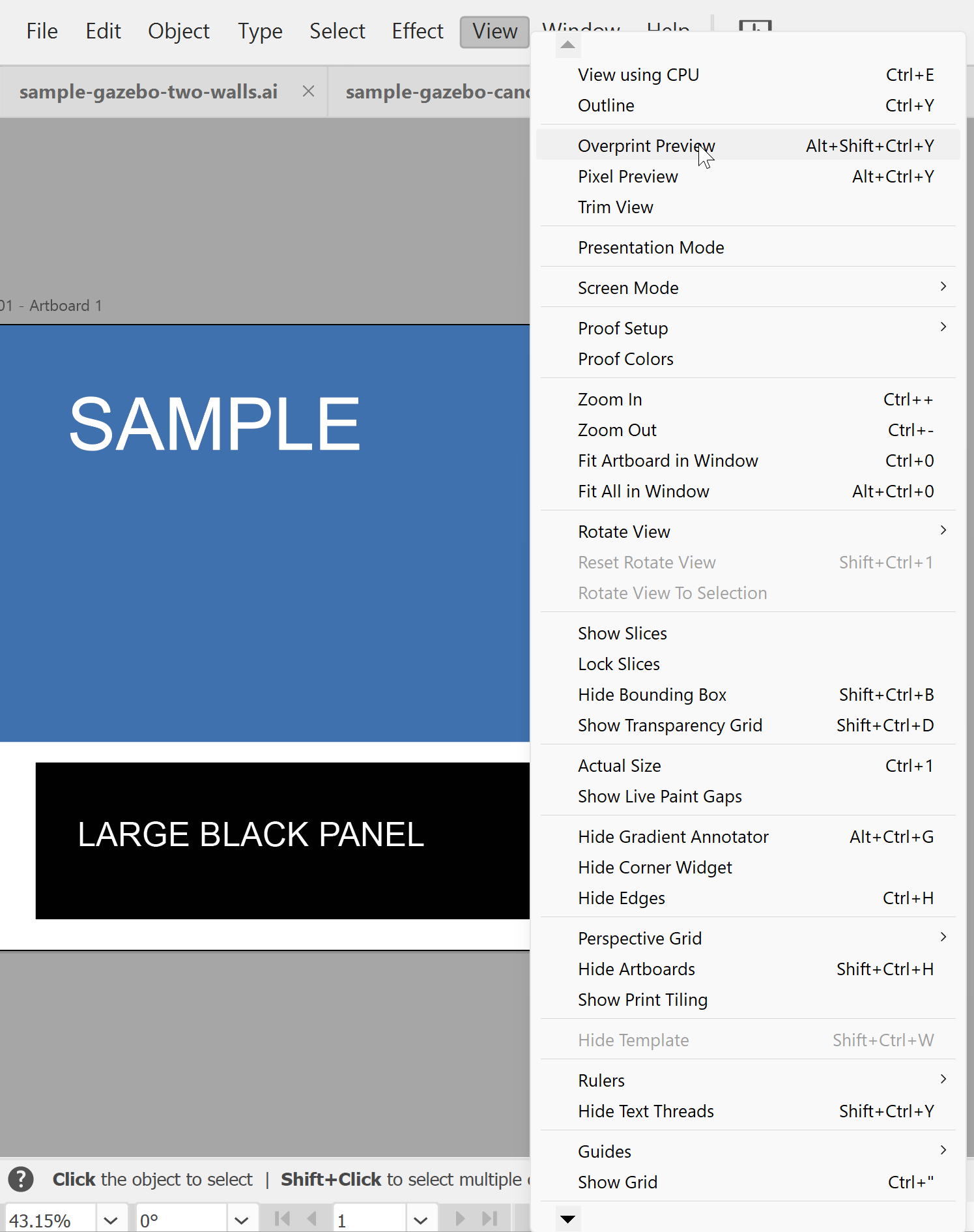 Illustrator View menu with Overprint Preview highlighted