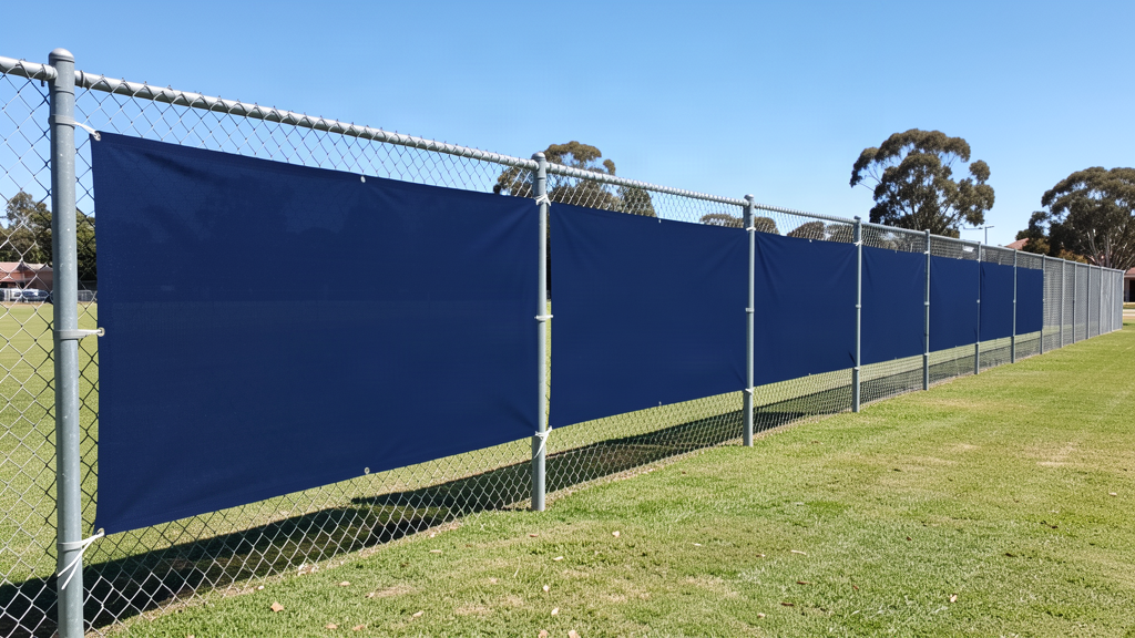 Fence banners on a sport ground fence with joins lined up on the posts