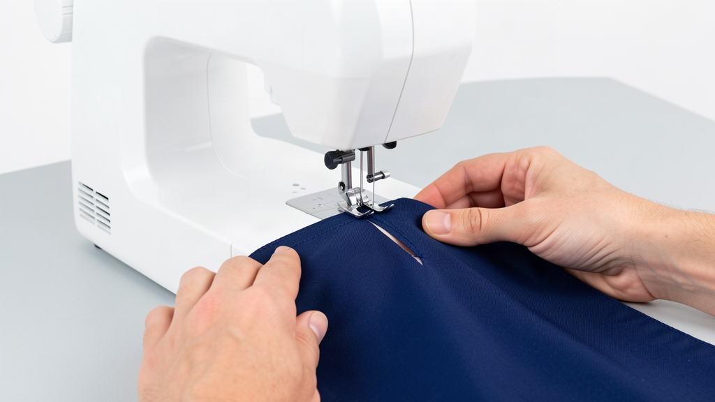 Small tear in a fabric flag being stitched on a sewing machine