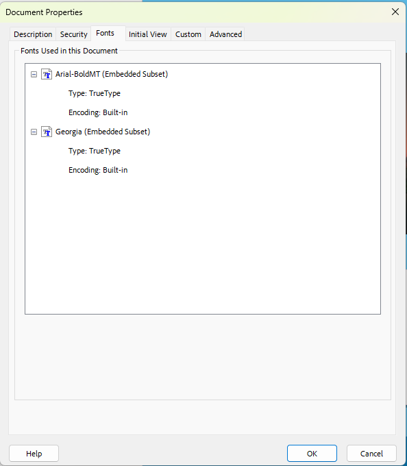 Acrobat Document Properties Fonts tab listing fonts as Embedded Subset