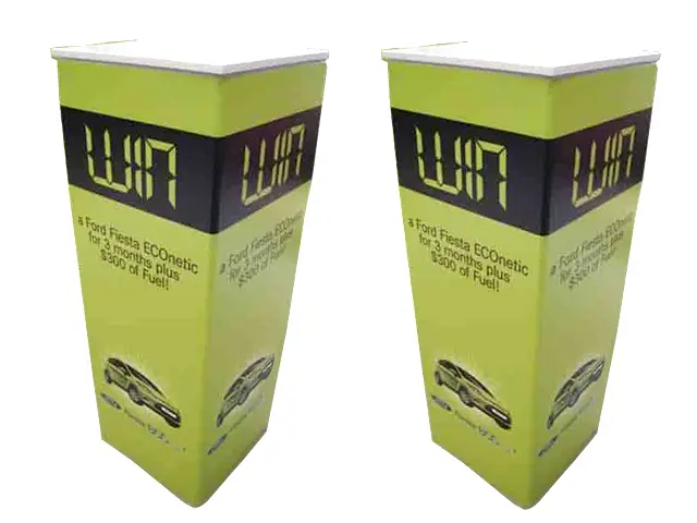 Ford Fiesta ECOnetic plinths with a bold 'WIN' band, car images and white tops
