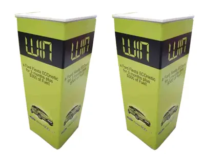 Ford Fiesta ECOnetic plinths with a bold 'WIN' band, car images and white tops