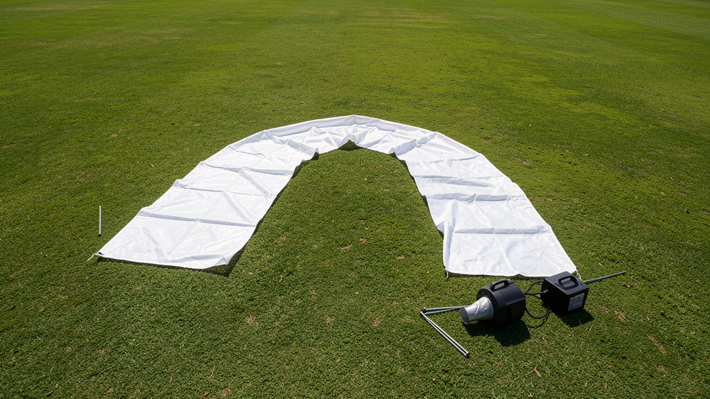 Deflated inflatable arch laid out flat before inflation