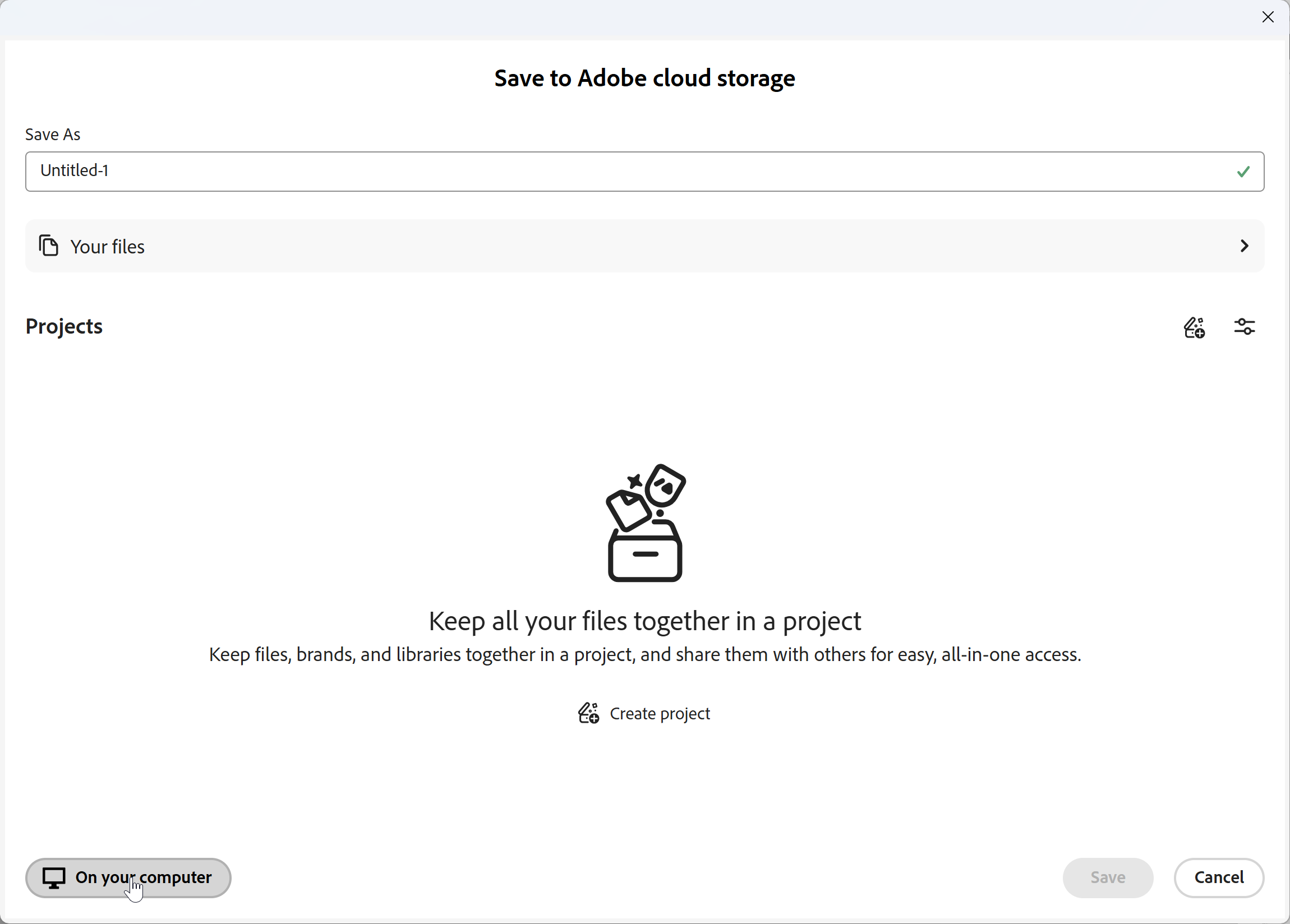 Illustrator Save to Adobe cloud storage dialog with On your computer highlighted