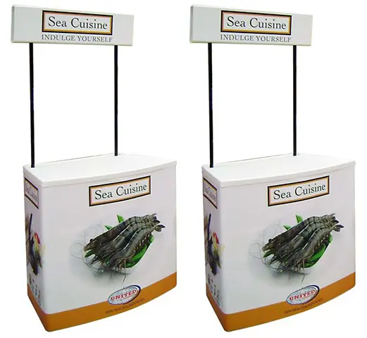 Two Sea Cuisine demo counters printed with prawn photos under raised 'Indulge yourself' headers