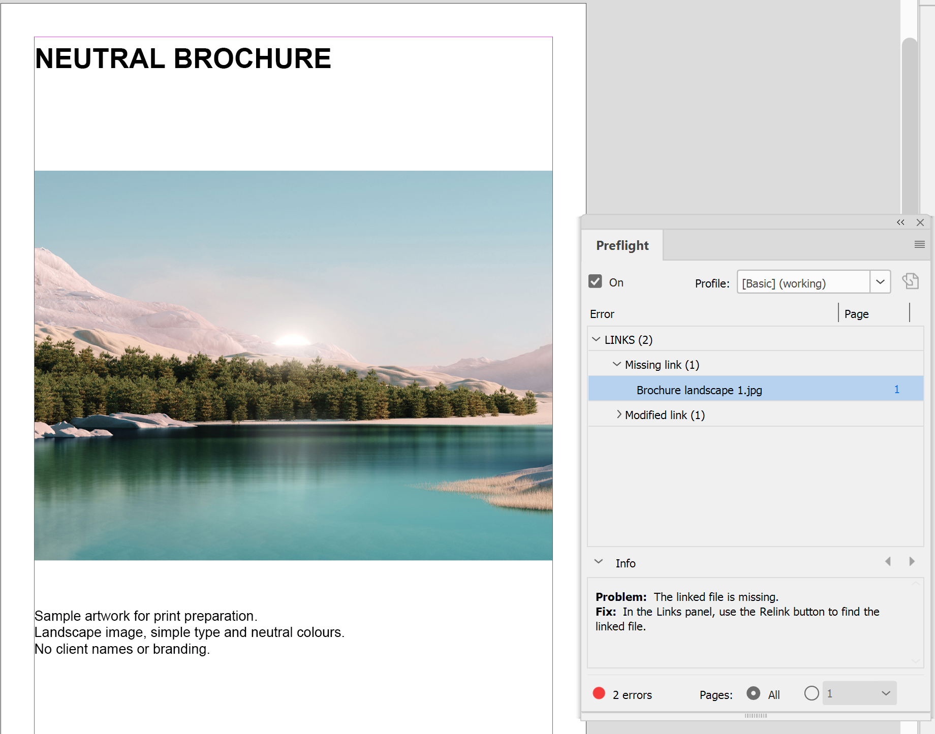 InDesign Preflight panel showing a missing link error