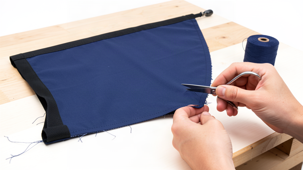 Loose threads being trimmed from the frayed hem of a flag before re-hemming