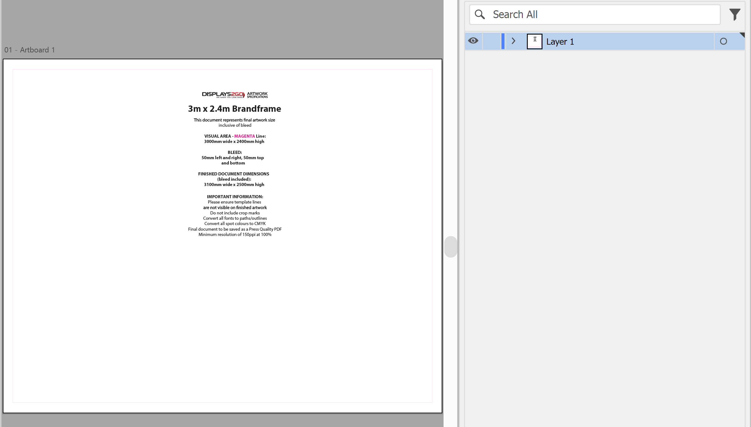 Brandframe artwork template open in Illustrator with the magenta visual area line
