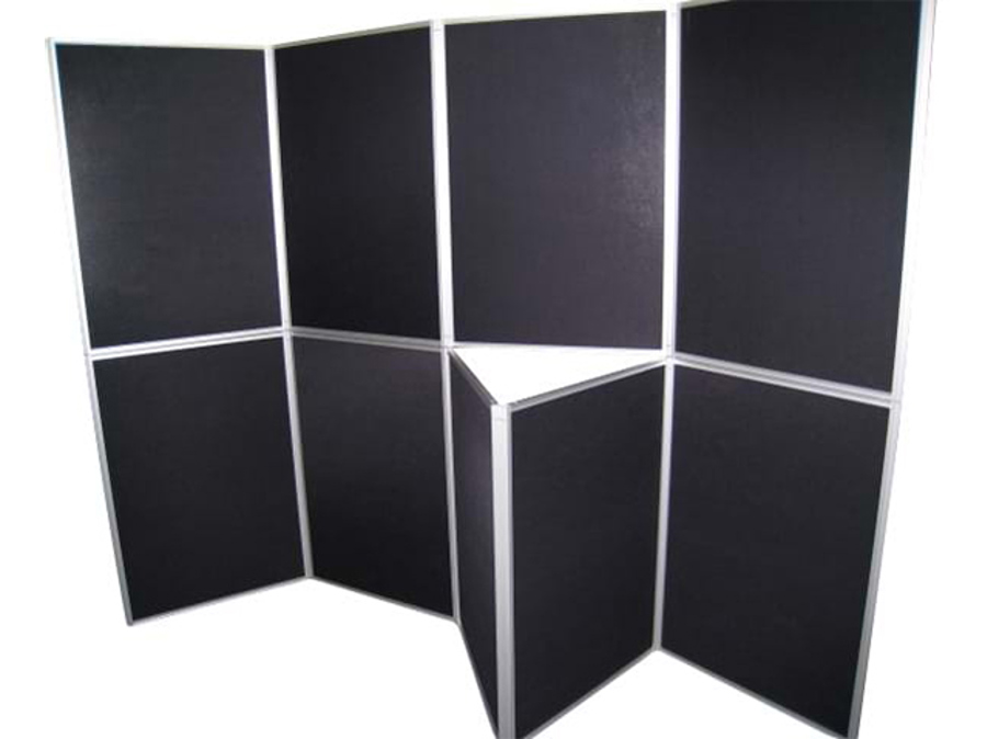 Eight-panel portable display board kit in charcoal fabric with silver frames, set up in a zig-zag