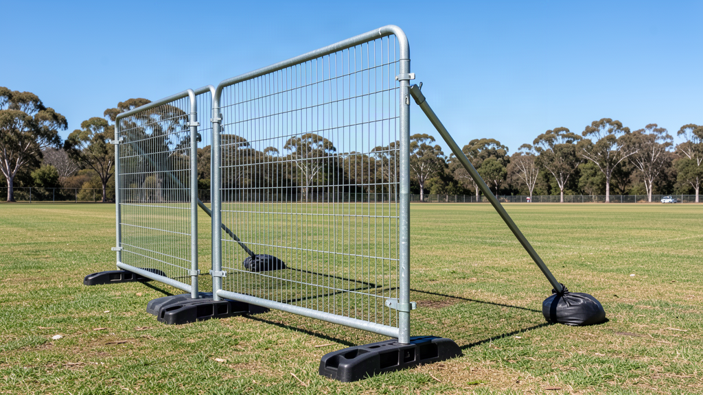 Temporary fence panels clamped together with a stay fitted before a banner is hung
