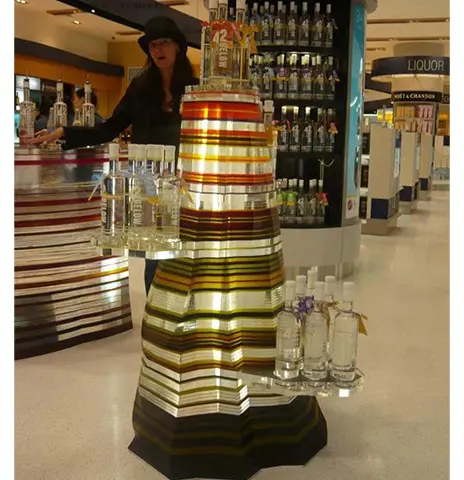 Striped 42 Below acrylic stand in a liquor store with a large bottle on top