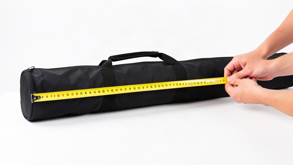 Packed pull-up banner carry bag being measured with a tape measure